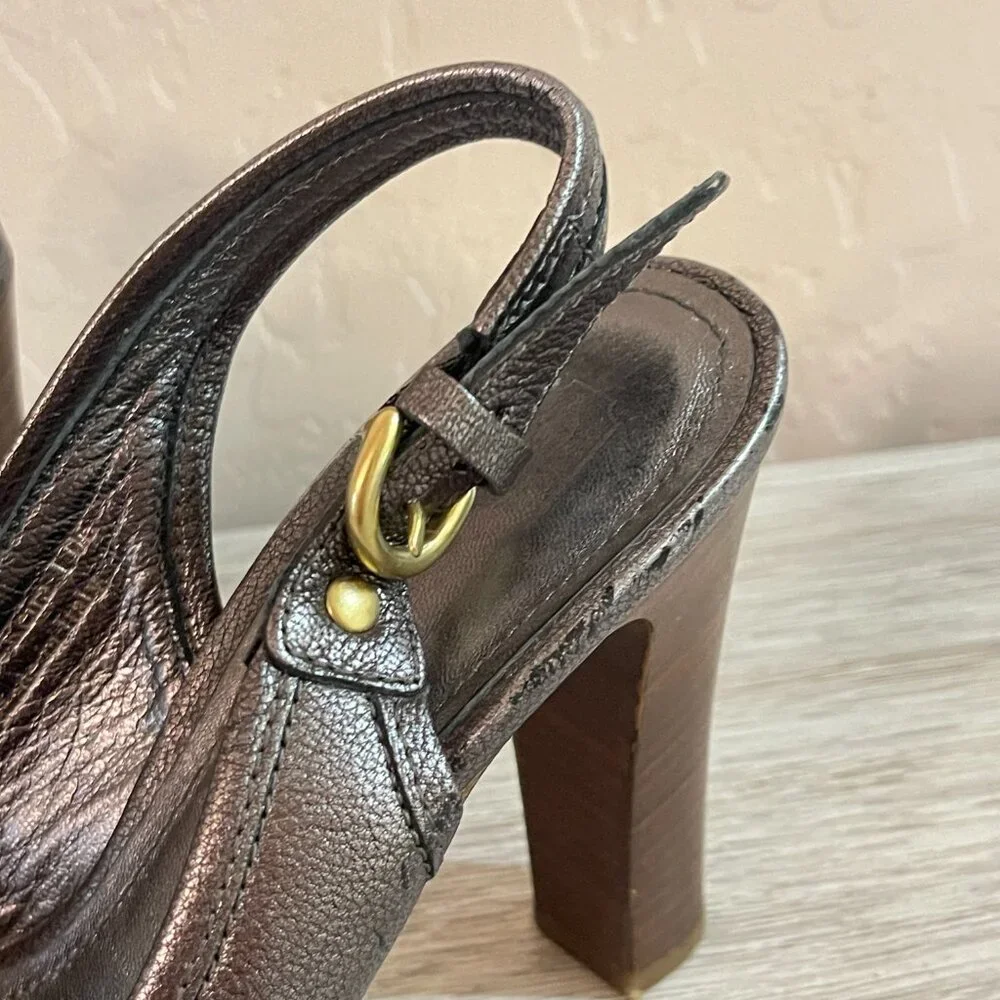 Coach Kiera Platform Heels Peeptoe Slingback Metallic Pewter Gunmetal 6.5